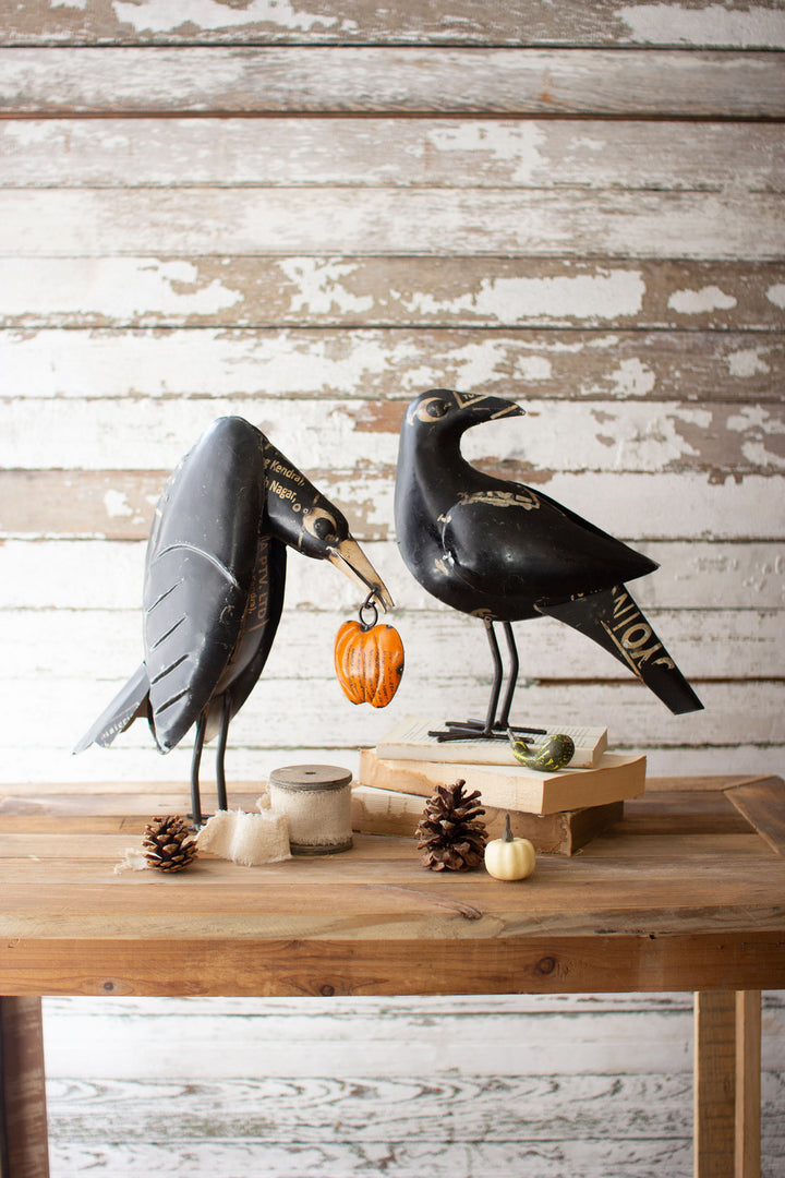 Kalalou Lighting NTM1285  Set Of Two Recycled Crows Holding A Pumpkin Home Decor Black