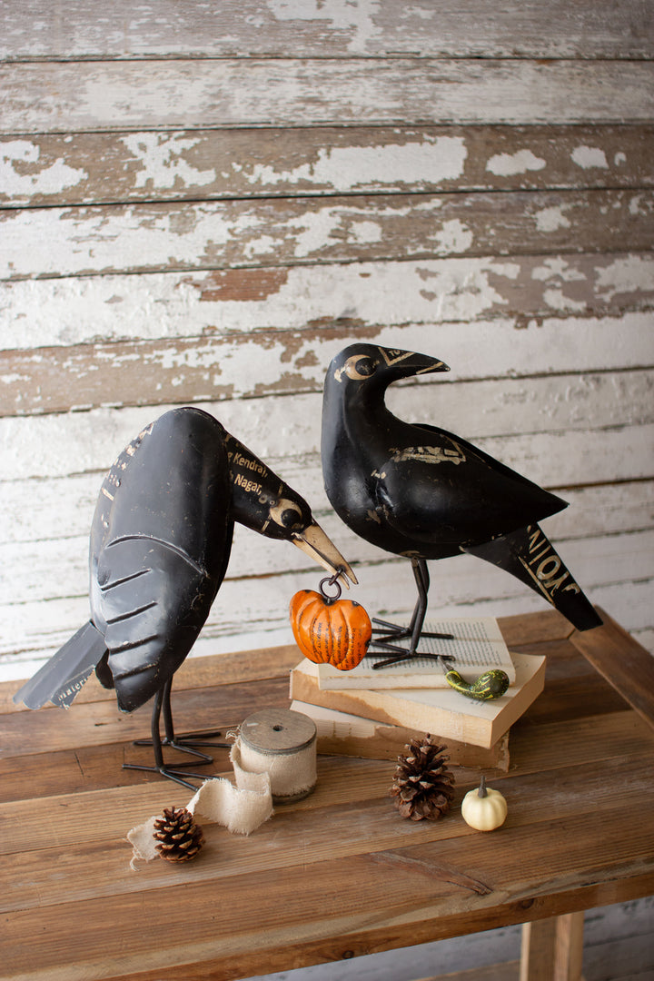 Kalalou Lighting NTM1285  Set Of Two Recycled Crows Holding A Pumpkin Home Decor Black