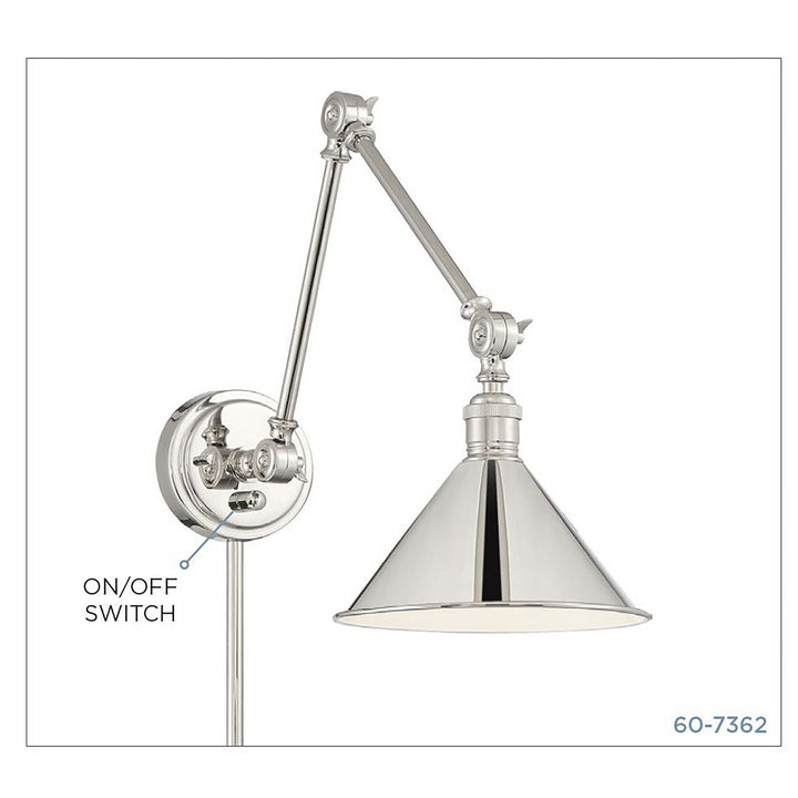 Nuvo Lighting 60-7362 Delancey One Light Swing Arm Wall Lamp Lamp Polished Nickel