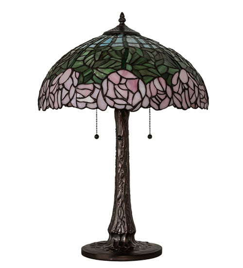 Meyda Tiffany Lighting 242043 Tiffany Cabbage Rose Three Light Table Lamp Lamp Bronze / Dark