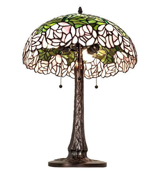 Meyda Tiffany Lighting 242043 Tiffany Cabbage Rose Three Light Table Lamp Lamp Bronze / Dark