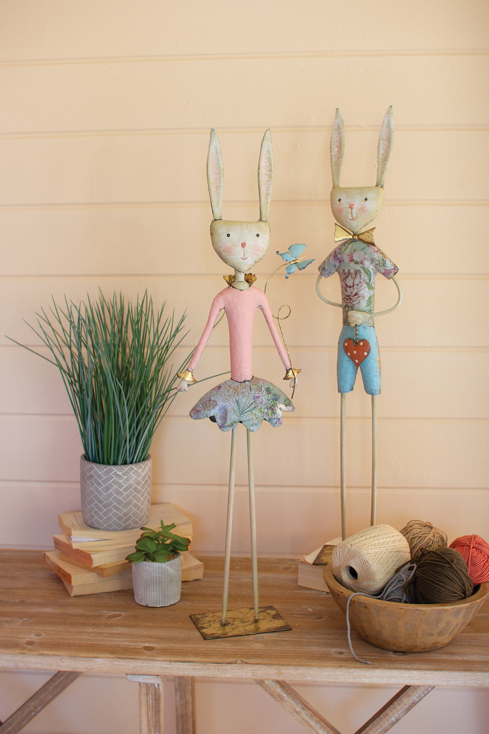 Kalalou Lighting CHE1377  Set Of Two Painted Metal Long Leg Boy And Girl Rabbits Home Decor Bronze / Dark