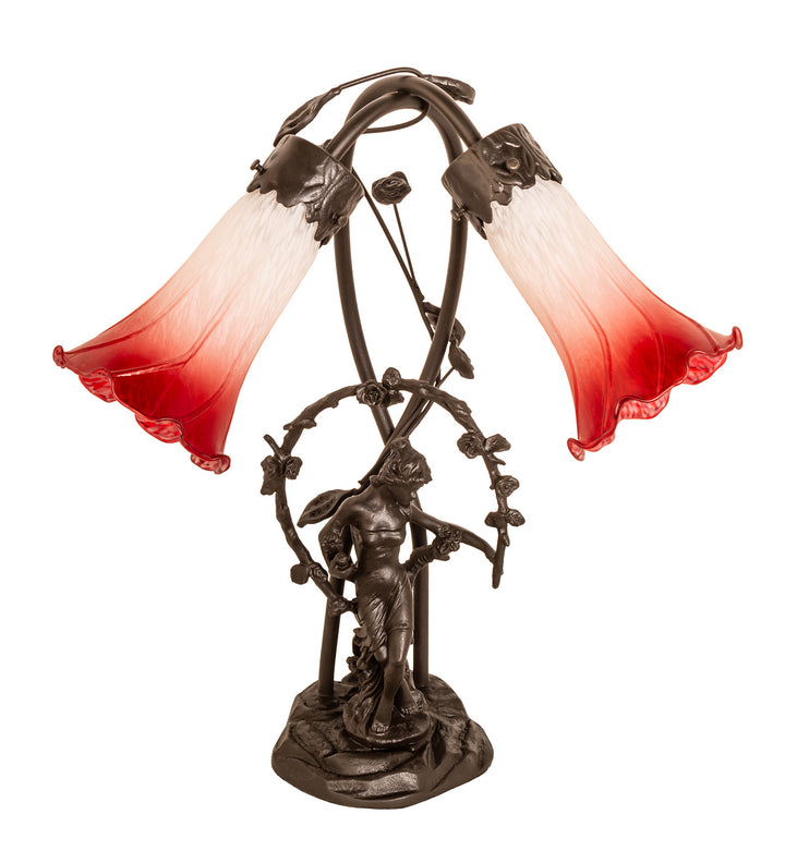 Meyda Tiffany Lighting 144697 Red/White Pond Lily Two Light Table Lamp Lamp Bronze / Dark