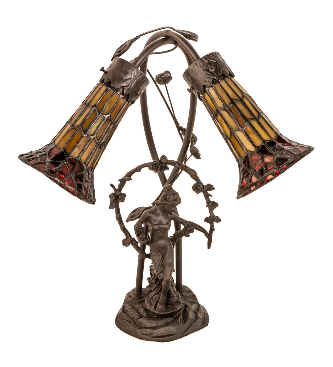 Meyda Tiffany Lighting 251672 Stained Glass Pond Lily Two Light Table Lamp Lamp Bronze / Dark