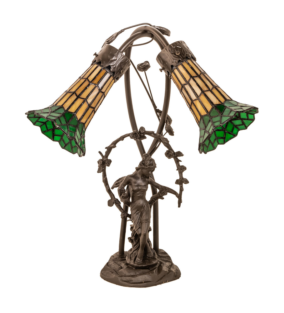 Meyda Tiffany Lighting 251675 Stained Glass Pond Lily Two Light Table Lamp Lamp Bronze / Dark