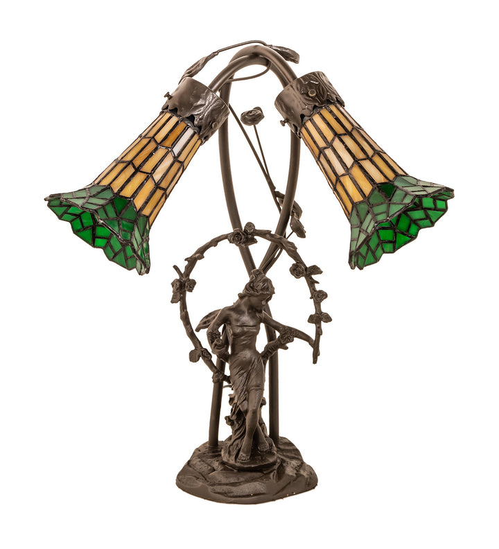 Meyda Tiffany Lighting 251675 Stained Glass Pond Lily Two Light Table Lamp Lamp Bronze / Dark