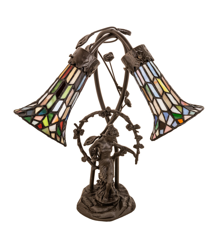 Meyda Tiffany Lighting 133659 Stained Glass Pond Lily Two Light Table Lamp Lamp Bronze / Dark