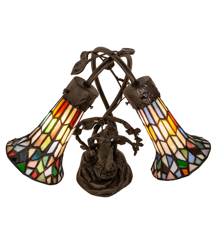 Meyda Tiffany Lighting 133659 Stained Glass Pond Lily Two Light Table Lamp Lamp Bronze / Dark
