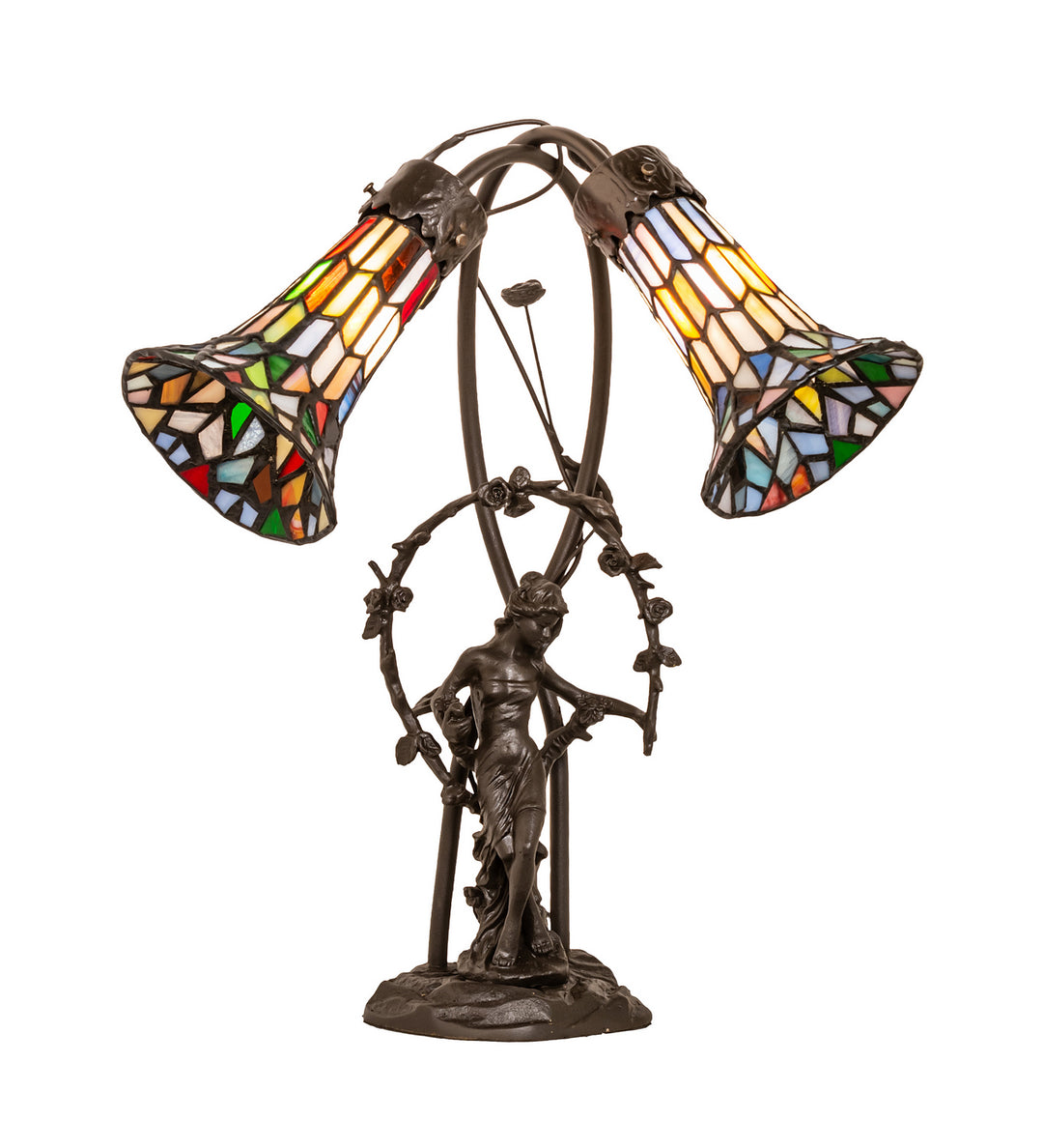 Meyda Tiffany Lighting 133659 Stained Glass Pond Lily Two Light Table Lamp Lamp Bronze / Dark