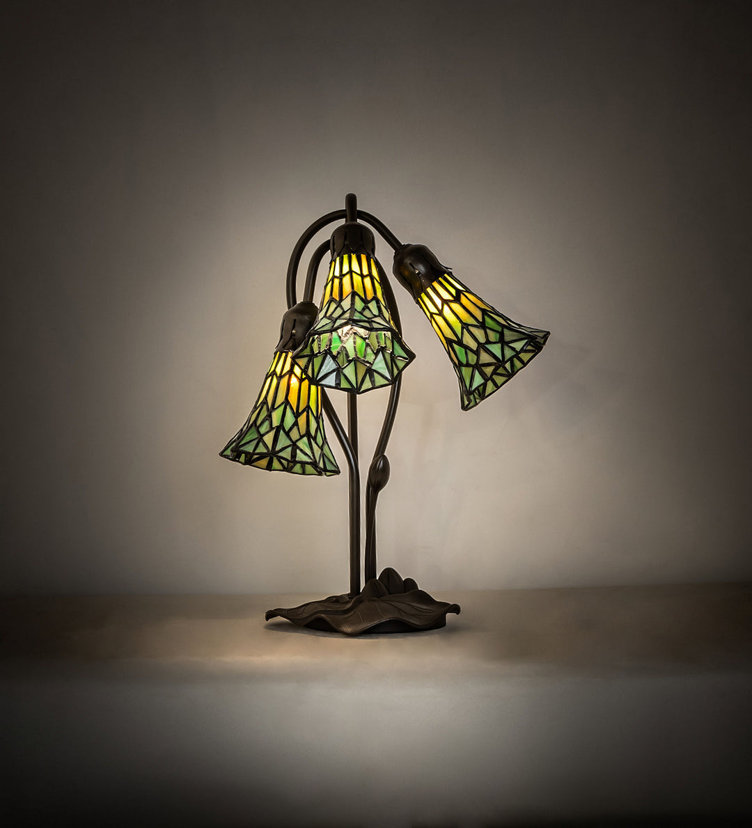 Meyda Tiffany Lighting 251688 Stained Glass Pond Lily Three Light Table Lamp Lamp Bronze / Dark