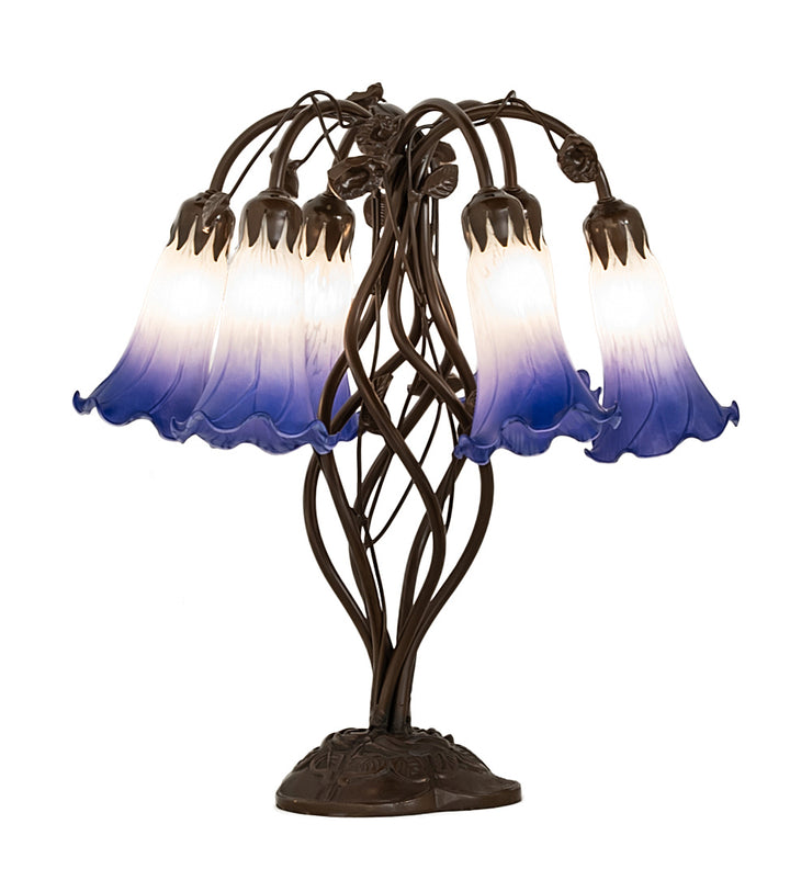 Meyda Tiffany Lighting 255820 Blue/White Pond Lily Six Light Table Lamp Lamp Bronze / Dark